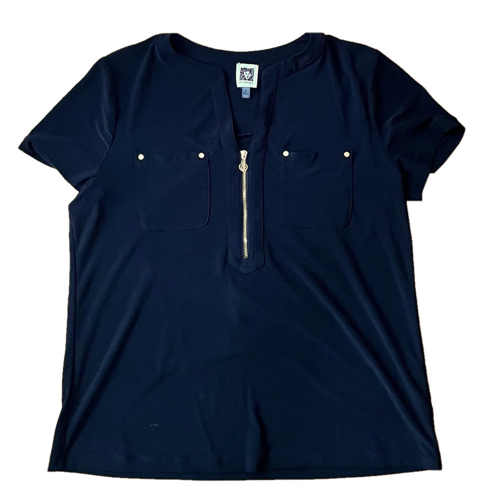 Anne Klein tailored black top, v-necked with gold zipper & cap sleeves